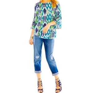 Chico’s Multicolor Ikat Back Detail Tunic With 3/4” Bell Sleeves, Size 1/M